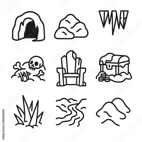 Frozen Dragon Icons. Outline icon set of frozen dragon lair: ice cave, snow piles, crystal stalactites, frozen bones, glacial