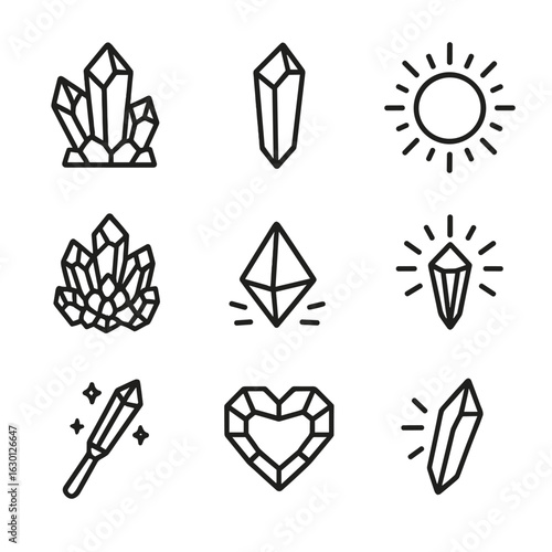 Spiritual Gemstone Icons. Outline icon set of spiritual gemstone: amethyst crystal, quartz shard, healing orb, chakra cluster,