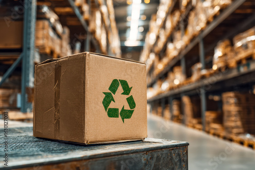 Eco-friendly packaging box with recycling symbol in a warehouse storage facility