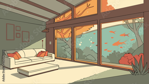 Modern Living Room with Large Window Showing Aquatic Scene.