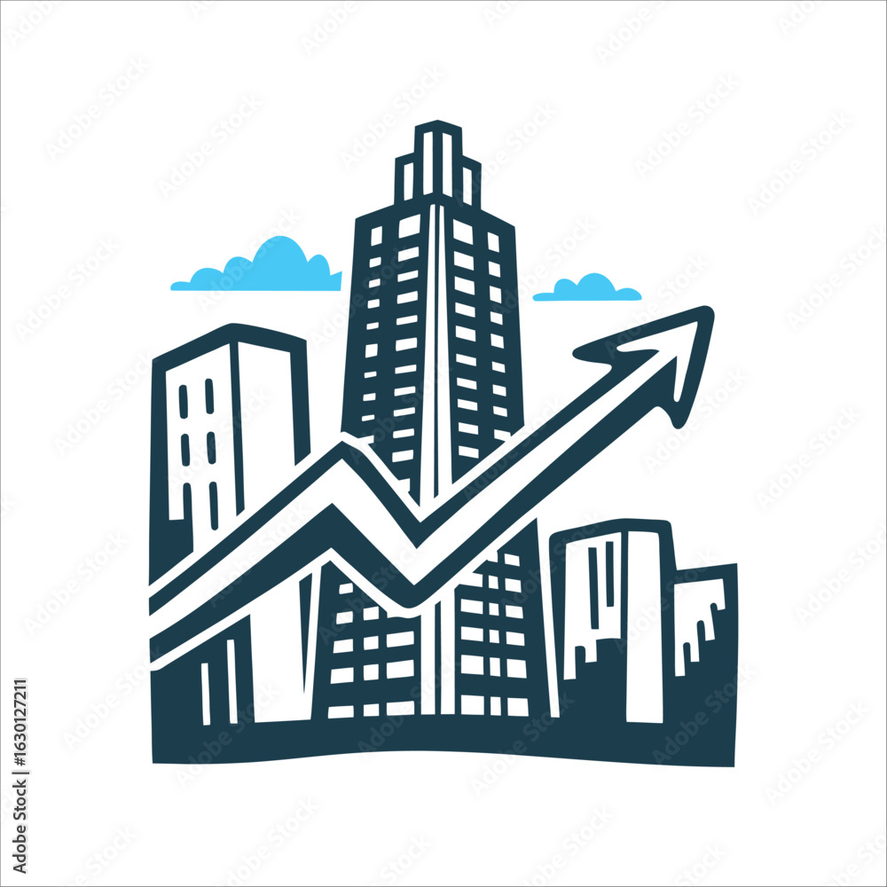 Obraz premium City Growth Arrow: Financial Success Illustration Financial Planning Interlocking puzzle pieces forming a upward trend