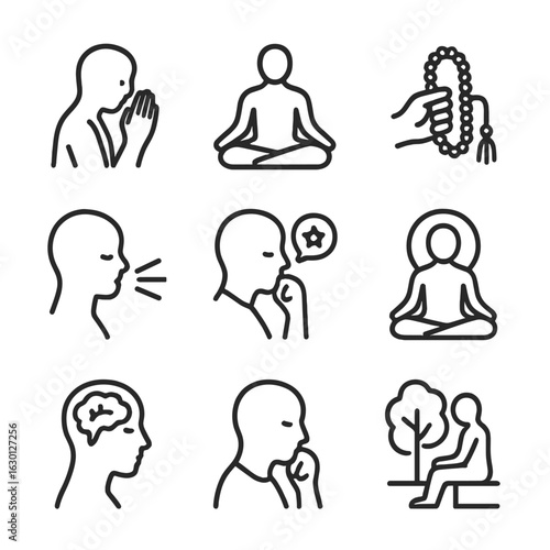 Spiritual Icon Set. Outline icon set of whisper in spirituality: prayer, meditation, mantra, sacred words, quiet reflection,