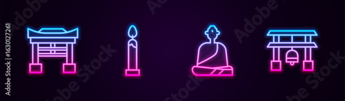 Set line Japan Gate, Burning candle, Buddhist monk and . Glowing neon icon. Vector
