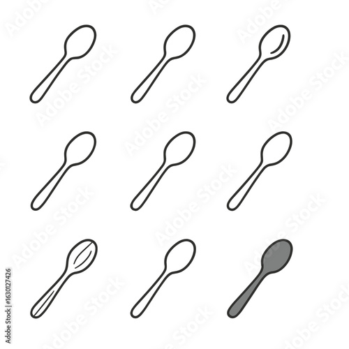 Spoon Icon Set. Outline icon set of tablespoon materials: stainless steel spoon, plastic spoon, wooden spoon, silicone spoon,