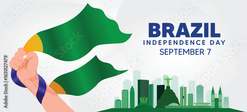 Brazil Independence Day waving flag in hand with cityscape vector poster
