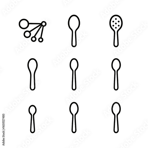 Spoon Icon Set. Outline icon set of spoon types: measuring spoon, mixing spoon, slotted spoon, serving spoon, wooden spoon,