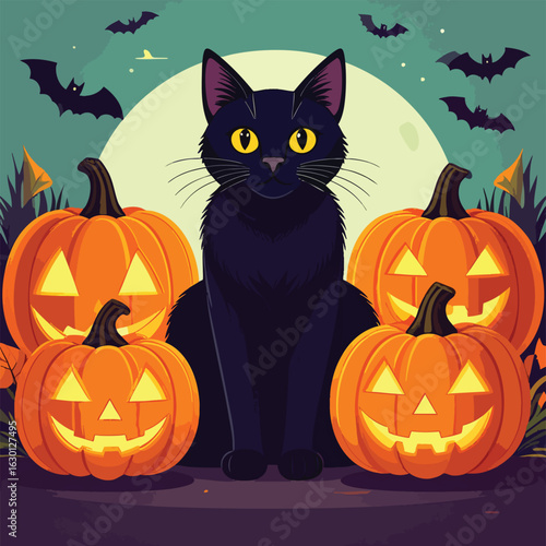 A black cat sits serenely amidst glowing jack-o'-lanterns under a full moon, bats flitting overhead.