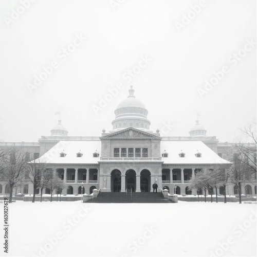 National Museum of Anthropology smothered in snow in Mexico City on a foggy March morning