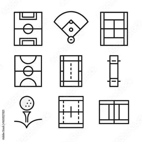 Sports Field Icons. Outline icon set of pitch in sports: soccer field, baseball diamond, tennis court, basketball court, rugby
