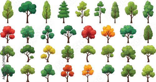 Set of trees vector image, cartoon tree collection,Tree set image, green trees vector illustration,Tropical trees vector illustration set, cartoon tree plant collection.