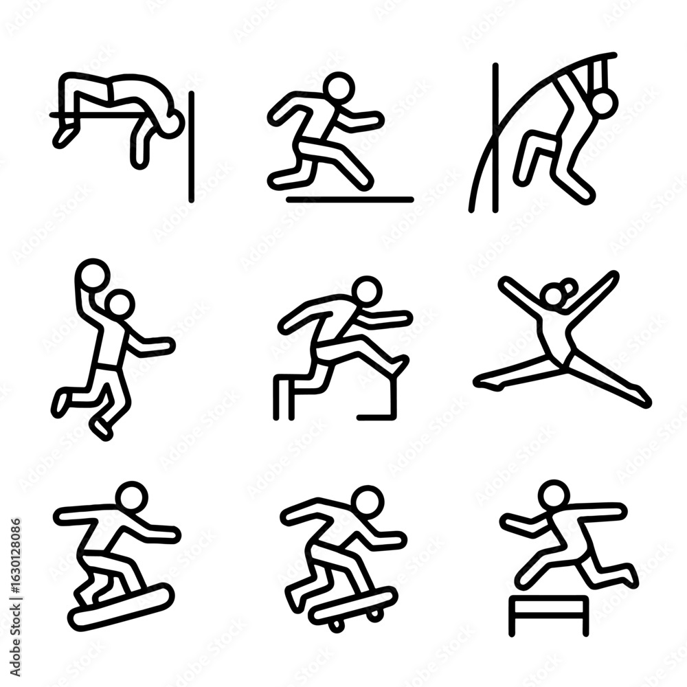 Naklejka premium Sports Leap Icons. Outline icon set of sports leap: high jump, long jump, pole vault, basketball dunk, parkour jump, gymnast leap,