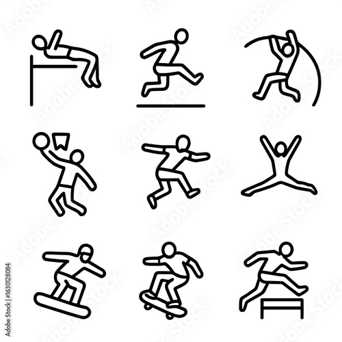 Sports Leap Icons. Outline icon set of sports leap: high jump, long jump, pole vault, basketball dunk, parkour jump, gymnast leap,