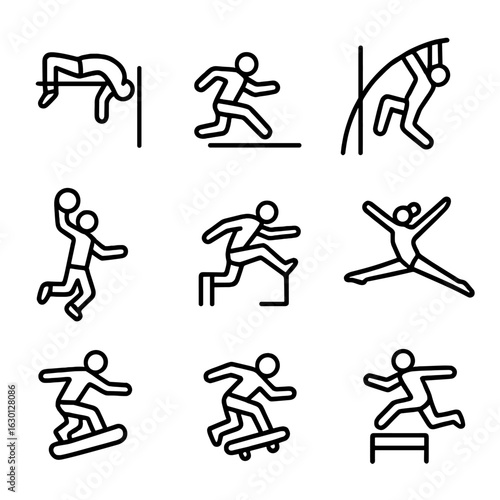 Sports Leap Icons. Outline icon set of sports leap: high jump, long jump, pole vault, basketball dunk, parkour jump, gymnast leap,
