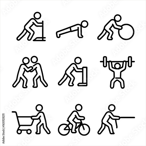 Sports Push Icon Set. Outline icon set of push in sports: pushing sled, push-up position, pushing ball, pushing opponent, push