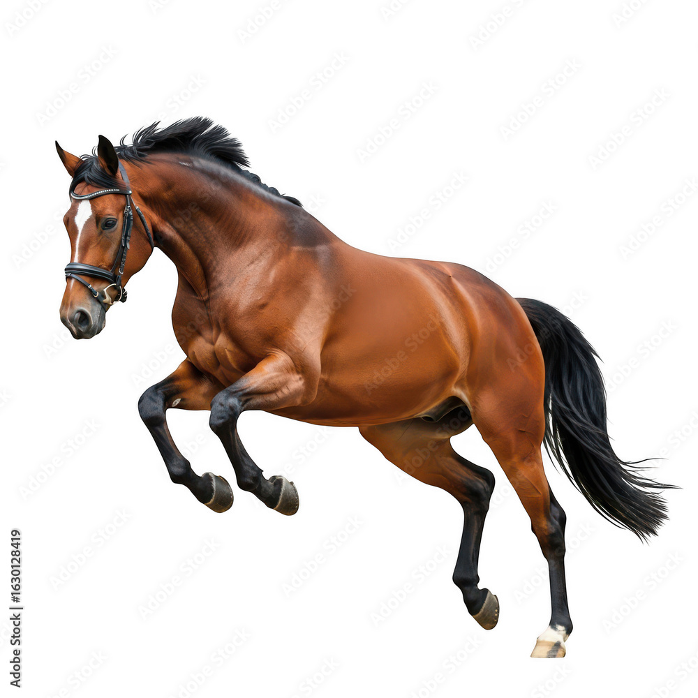 Obraz premium Jumping brown horse with bridle isolated on transparent background
