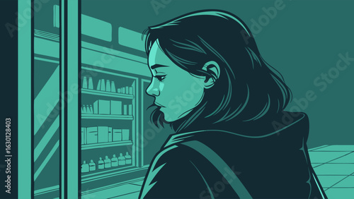 Pensive Woman Gazing at Convenience Store Shelves.