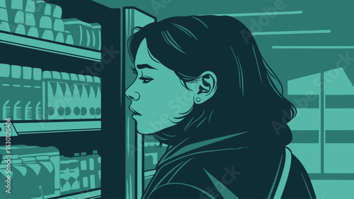 Pensive Woman Browsing Supermarket Aisles.