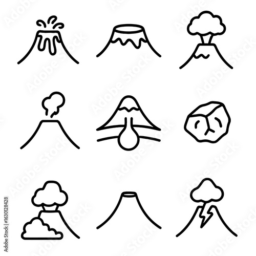 Fuji Volcanic Icons. Outline icon set of Fuji volcanic features: lava flow, volcanic crater, ash cloud, fumarole, magma chamber,