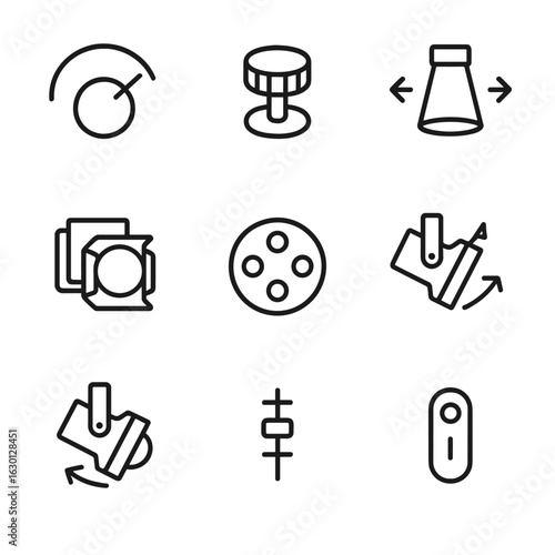 Spotlight Control Icons. Outline icon set of spotlight controls: dimmer, focus knob, zoom control, color filter, gobo pattern,