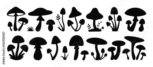 Black mushroom silhouettes with varied caps and stems.eps