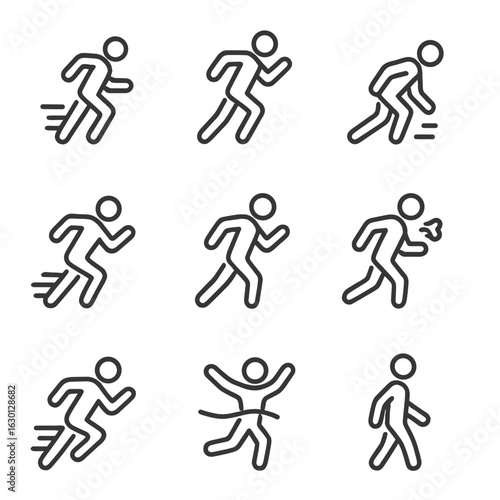 Sprint Technique Icons. Outline icon set of sprint techniques: fast legs, arm swing, explosive start, sprint posture, stride