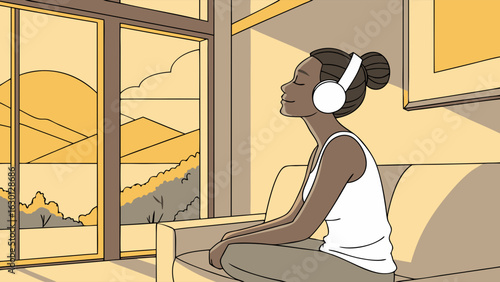Relaxed Woman Enjoying Music and Peaceful Moment Indoors.