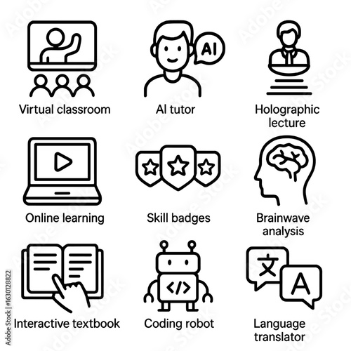 Future Education Icons. Outline icon set of future education: virtual classroom, AI tutor, holographic lecture, online learning,