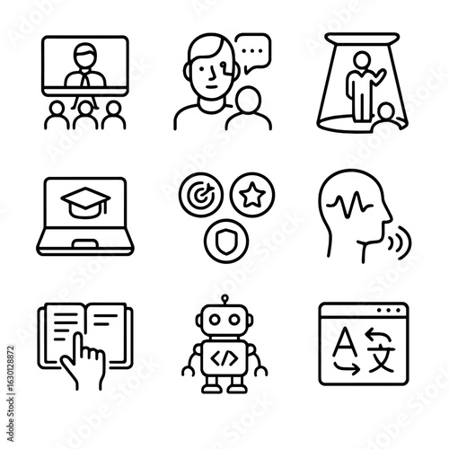 Future Education Icons. Outline icon set of future education: virtual classroom, AI tutor, holographic lecture, online learning,