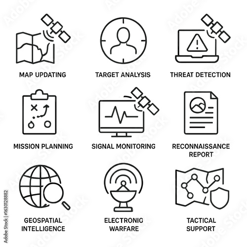Spy Satellite Icons. Outline icon set of spy satellite data uses: map updating, target analysis, threat detection, mission