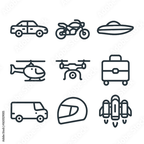 Spy Vehicle Icons. Outline icon set of spy vehicles and transport: black car, motorcycle, speedboat, helicopter, drone, briefcase