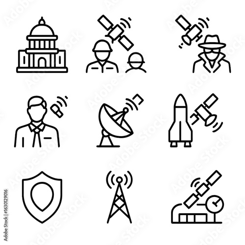 Spy Satellite Icons. Outline icon set of spy satellite operators: government agency, military, intelligence agency, private