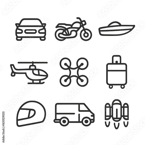 Spy Vehicle Icons. Outline icon set of spy vehicles and transport: black car, motorcycle, speedboat, helicopter, drone, briefcase