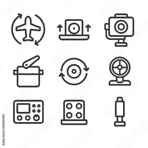Stabilization Systems Icons. Outline icon set of stabilization systems: attitude control, auto-leveling, gimbal, servo motor,