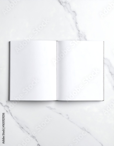 Blank open magazine mockup on a sophisticated white marble background.