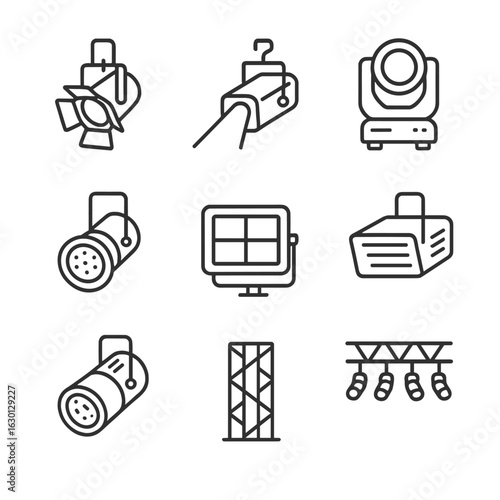 Stage Lighting Icons. Outline icon set of stage lighting: spotlight, beam light, moving head light, PAR can, flood light, strobe