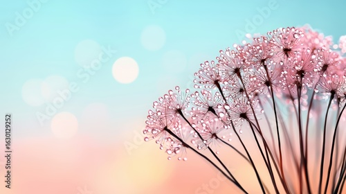 Delicate Pink Flowers with Dew on Soft Pastel Background