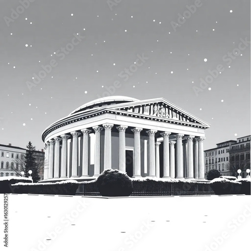 Pantheon under twilight skies in Rome at the height of a snowy winter