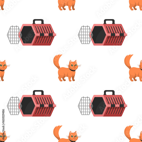 Cute red cat with carrier seamless pattern. Traveling with pets concept texture. Vector Flat design, cartoon style. Vector textile design.