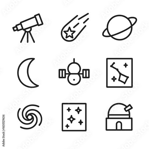 Starry Icon Set. Outline icon set of star-related objects: telescope, comet, planet, moon, satellite, constellation map, galaxy,