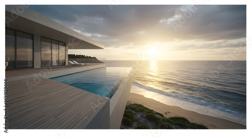 A luxurious oceanfront terrace with comfortable lounge seating and planters, overlooking a breathtaking sunset over the sea.