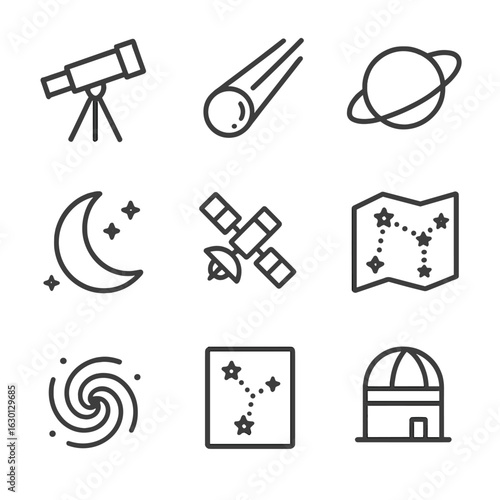 Starry Icon Set. Outline icon set of star-related objects: telescope, comet, planet, moon, satellite, constellation map, galaxy,