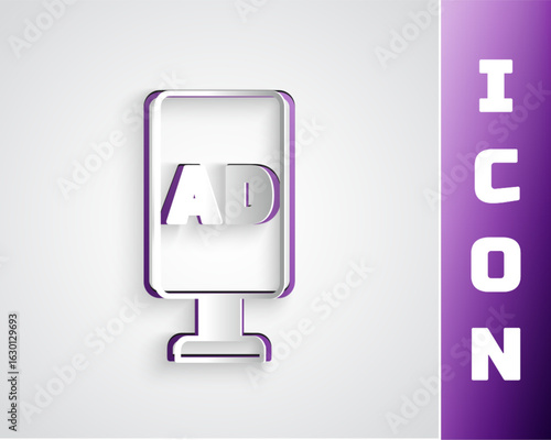 Paper cut Advertising icon isolated on grey background. Concept of marketing and promotion process. Responsive ads. Social media advertising. Paper art style. Vector
