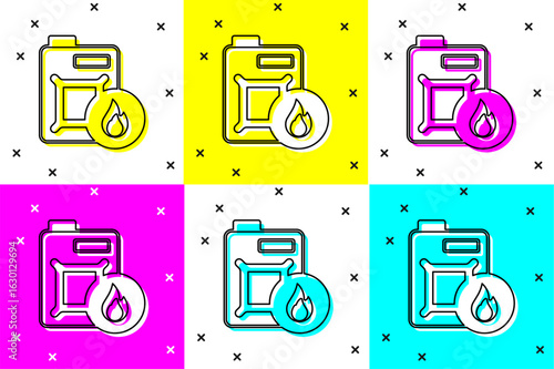 Set Canister for motor machine oil icon isolated on color background. Oil gallon. Oil change service and repair. Engine oil sign. Vector
