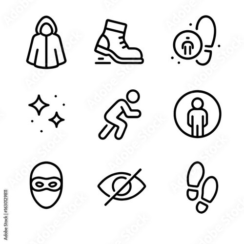 Stealth and Spy Icons. Outline icon set of stealth and invisibility: cloak of invisibility, silent boots, shadow step, vanishing