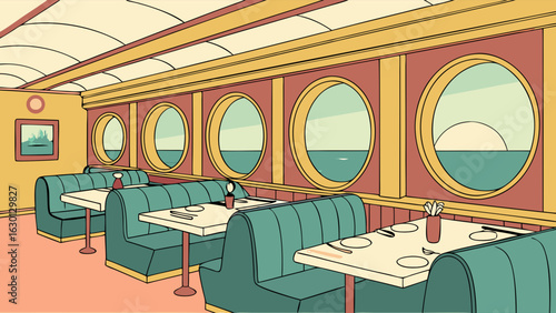 Retro Diner Interior with Booths Tables and Circular Windows.
