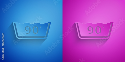 Paper cut Washing under 90 degrees celsius icon isolated on blue and purple background. Temperature wash. Paper art style. Vector