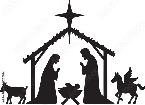 Peaceful Nativity scene with Mary, Joseph, baby Jesus, star, animals