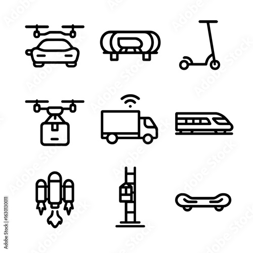 Future Transport Icons. Outline icon set of future transportation: flying car, hyperloop, electric scooter, drone delivery,