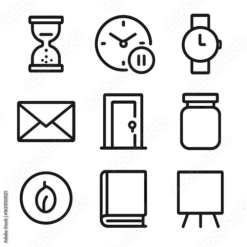 Stillness Icon Set. Outline icon set of stillness in objects: hourglass, paused clock, stopped watch, sealed envelope, locked door
