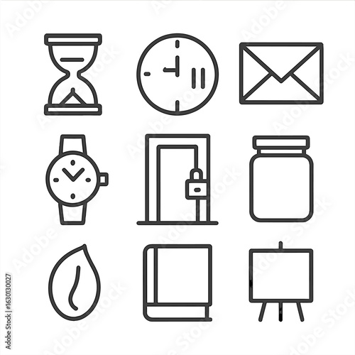 Stillness Icon Set. Outline icon set of stillness in objects: hourglass, paused clock, stopped watch, sealed envelope, locked door